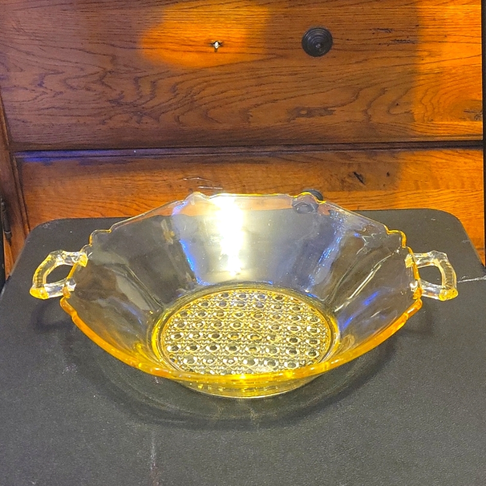 Vintage 30s Lancaster yellow depression glass handled bowl with cane bottom
